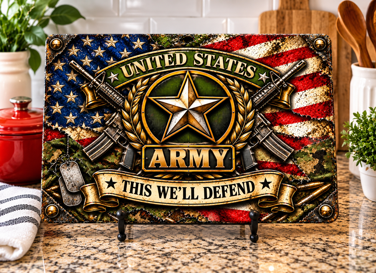 Army cutting board design with central star, crossed-rifle artwork, distressed American flag, camouflage, and This We'll Defend banner
