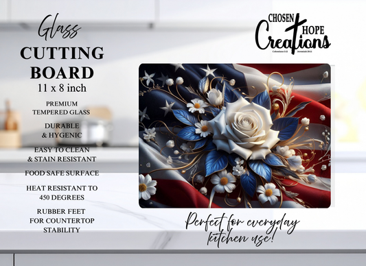Patriotic Glass Cutting Board - White Rose American Flag Design