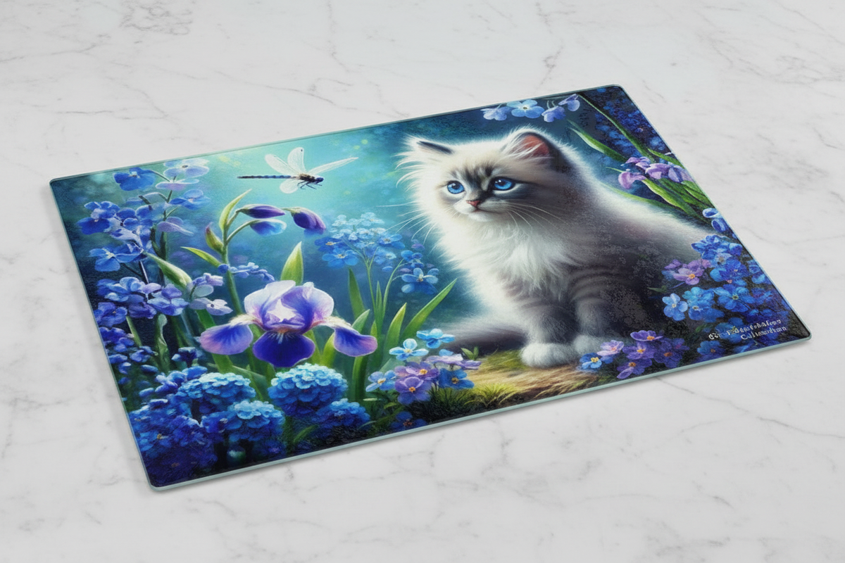 Enchanting Blue-Eyed Kitten Glass Cutting Board – 8x11 Artful Kitchen Essential