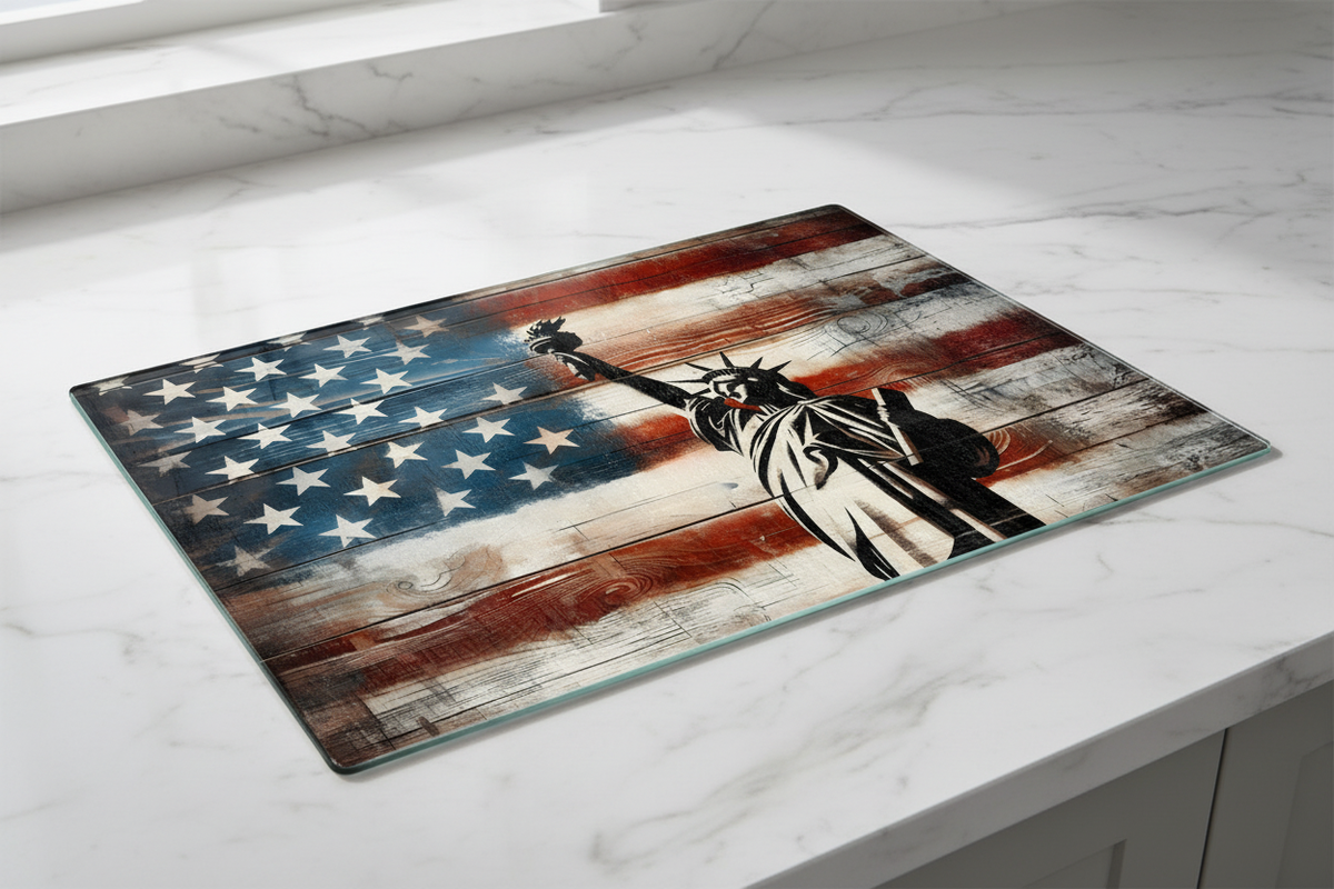 Patriotic Cutting Board Featuring Statue of Liberty and American Flag - 8x11