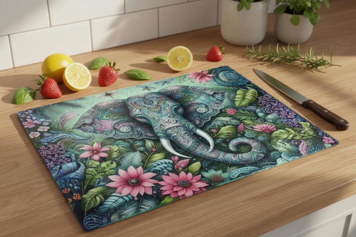 Elevate Your Culinary Space with the Ornate Elephant Mandala Cutting Board