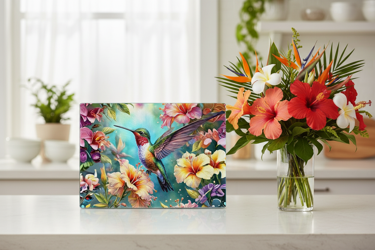 Enhance Your Culinary Experience with the Hummingbird Glass Cutting Board - 8x11