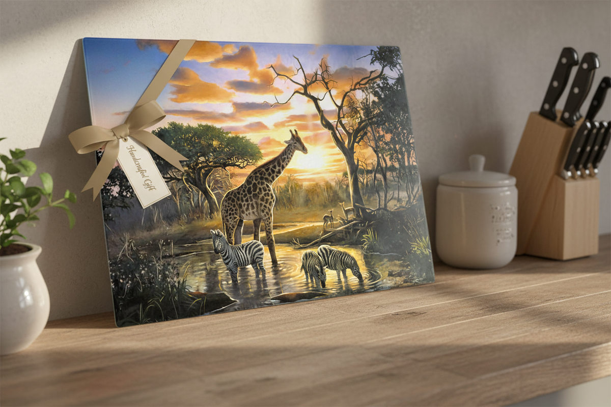 Elevate Your Kitchen with the Safari Watering Hole at Sunset – 8x11 Tempered Glass Cutting Board