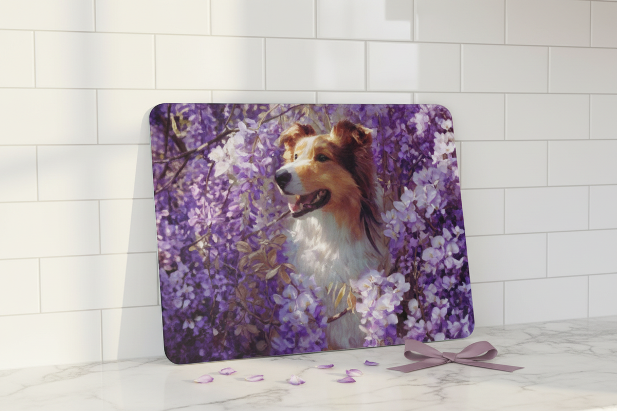 Wisteria Collie Glass Cutting Board – A Beautiful Blend of Functionality & Artistry