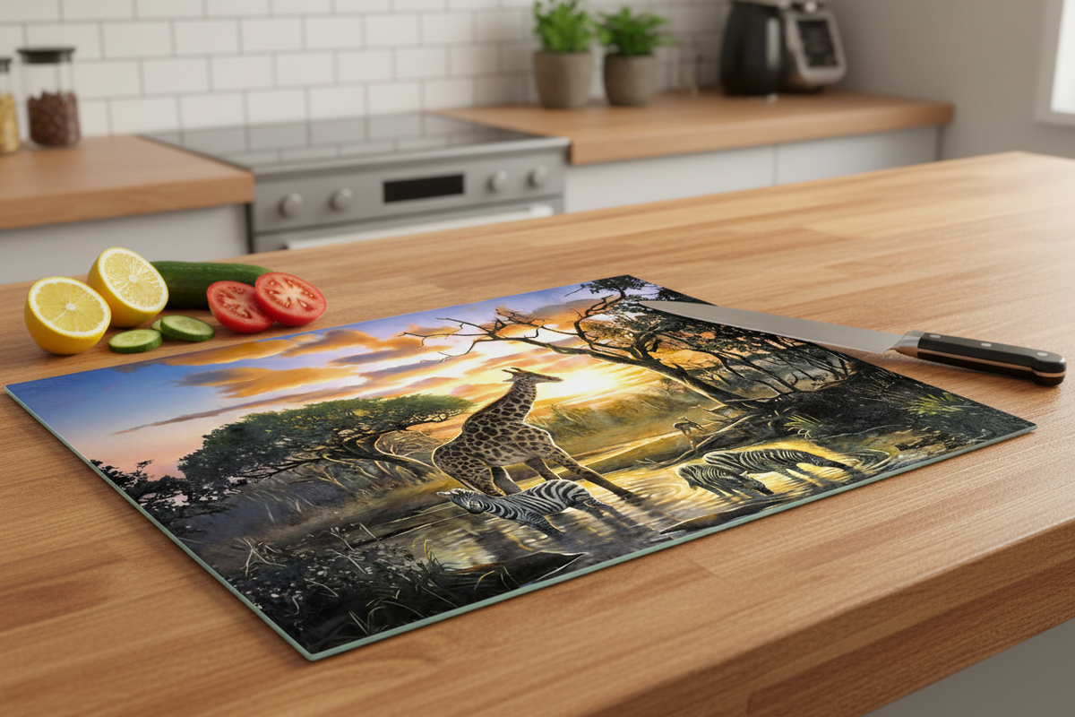 Elevate Your Kitchen with the Safari Watering Hole at Sunset – 8x11 Tempered Glass Cutting Board