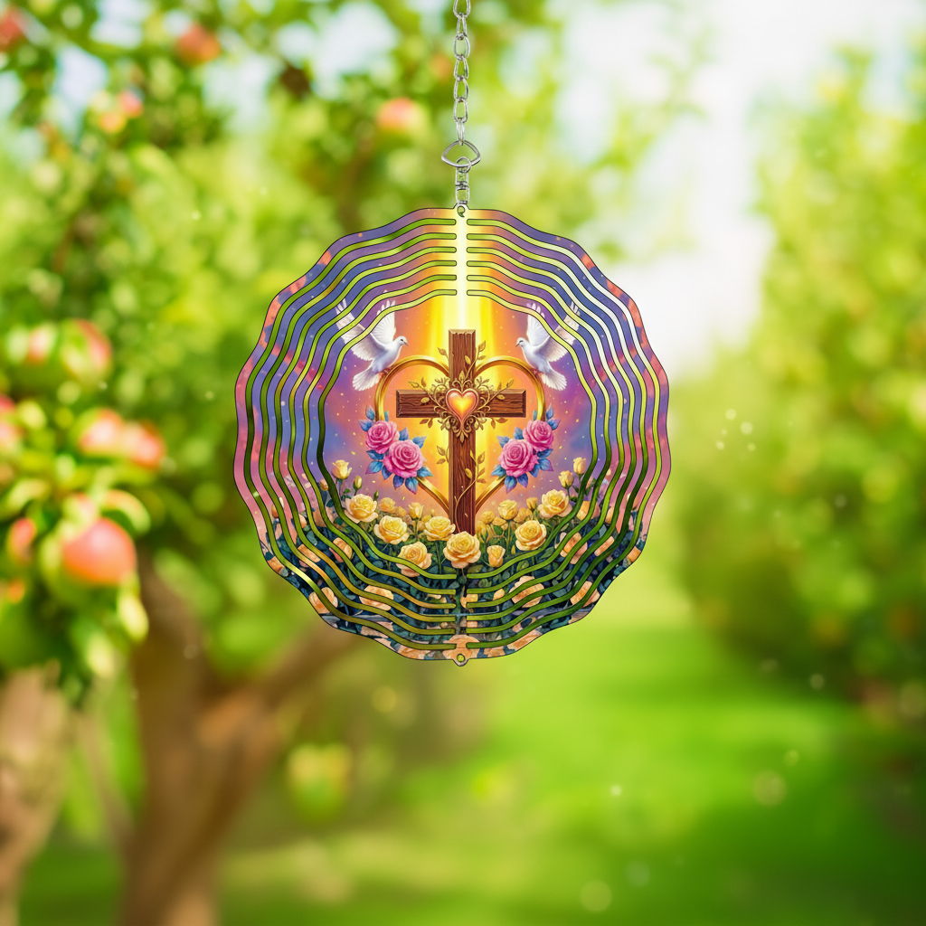 Beautiful Glowing Cross Heart Doves Wind Spinner | Faith-Inspired Garden Decor