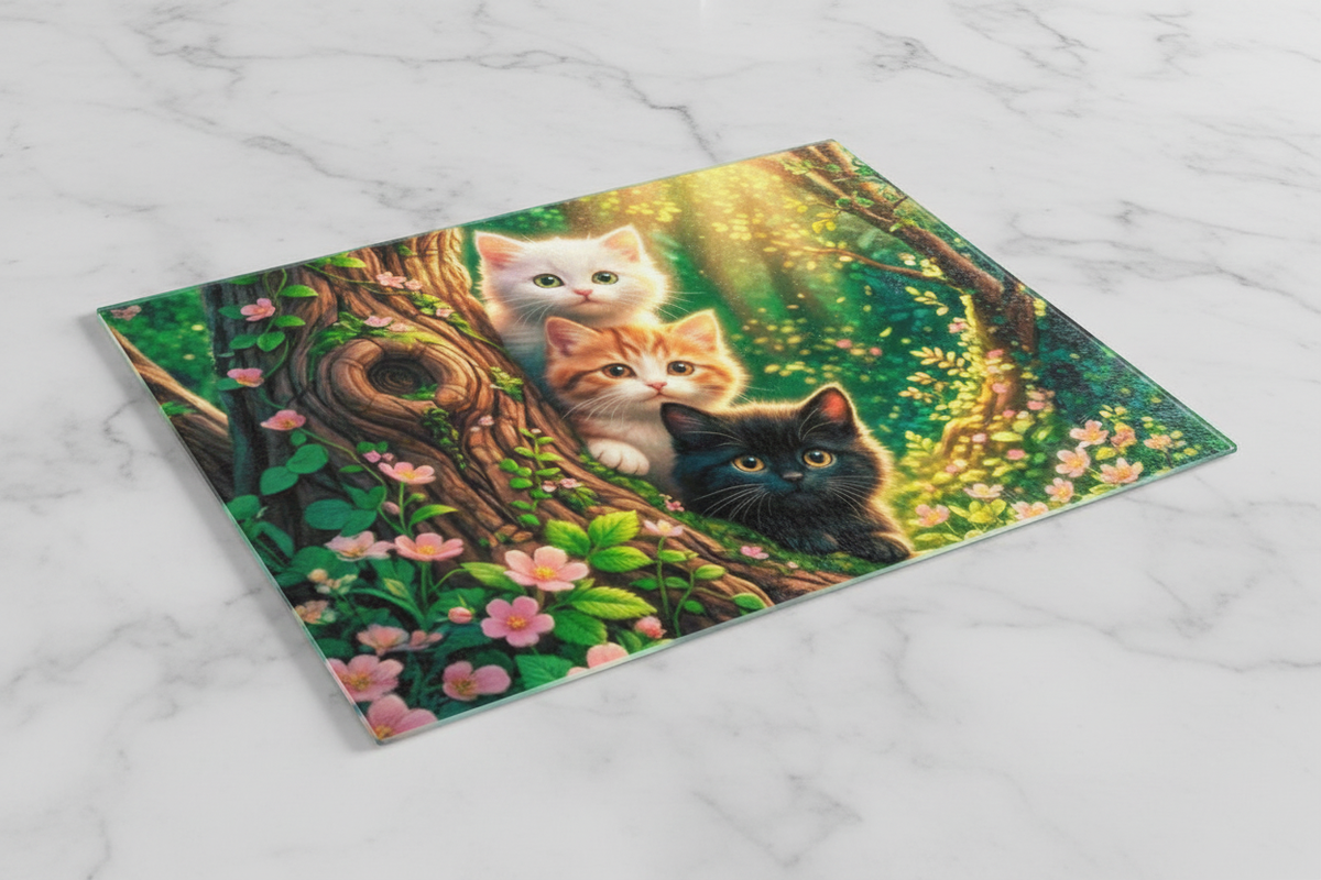 Three Kittens Enchanted Tree Cutting Board – Whimsical Kitchen Essential for Cat Lovers