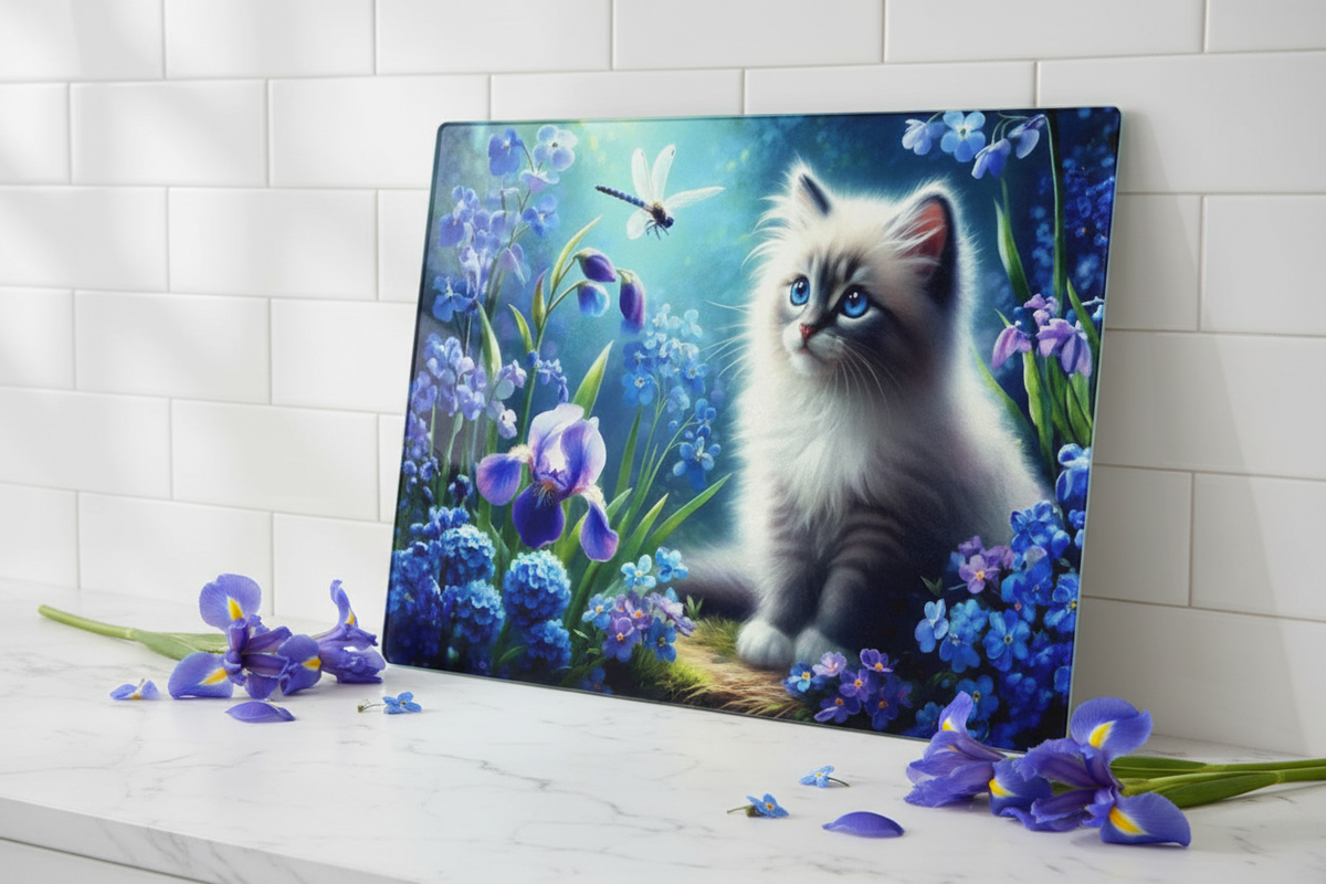 Enchanting Blue-Eyed Kitten Glass Cutting Board – 8x11 Artful Kitchen Essential