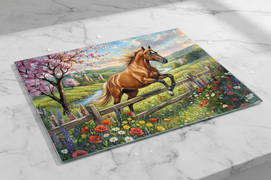 Spring Meadow Tempered Glass Horse Cutting Board – 8×11, A Radiant Culinary Delight