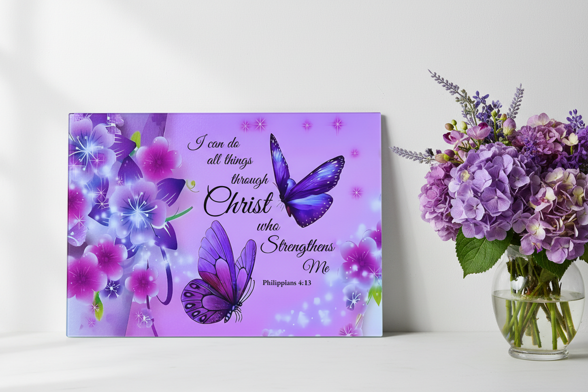 Philippians 4:13 Cutting Board – Beautiful Butterfly Design with Inspirational Message