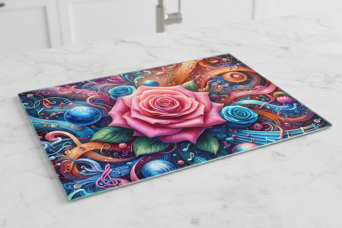 Artistic Tempered Glass Cutting Board with Pink Rose & Musical Notes - Elevate Your Culinary Experience