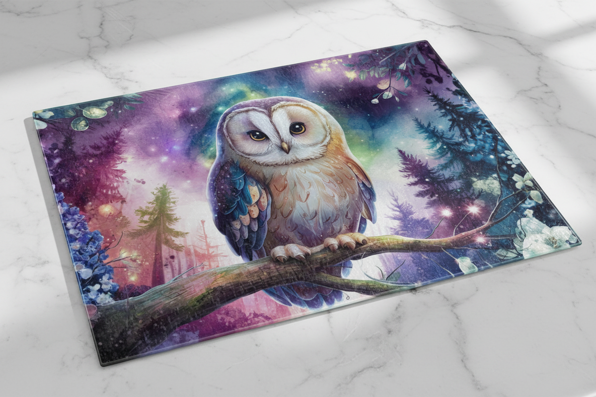 Owl Galaxy Forest Cutting Board – 8"x11" Tempered Glass for Every Kitchen