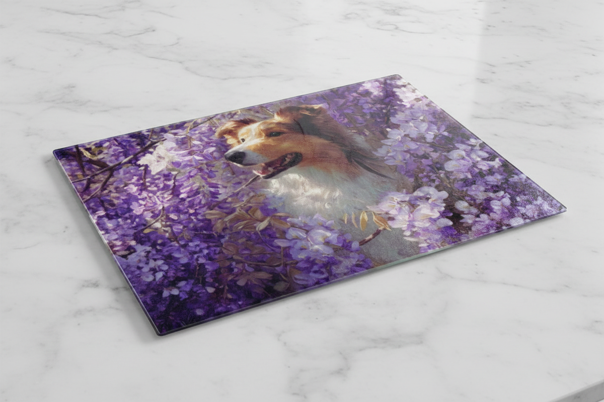 Wisteria Collie Glass Cutting Board – A Beautiful Blend of Functionality & Artistry
