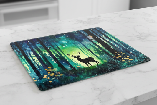 Enchanting Aurora Forest Stag Cutting Board – 8x11 Tempered Glass Artistry