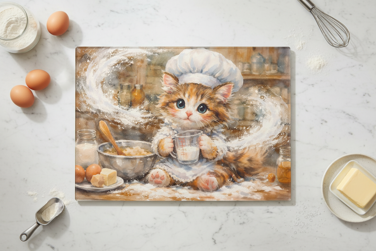 Kitten Chef Baking Cutting Board – Adorable Tempered Glass Kitchen Essential