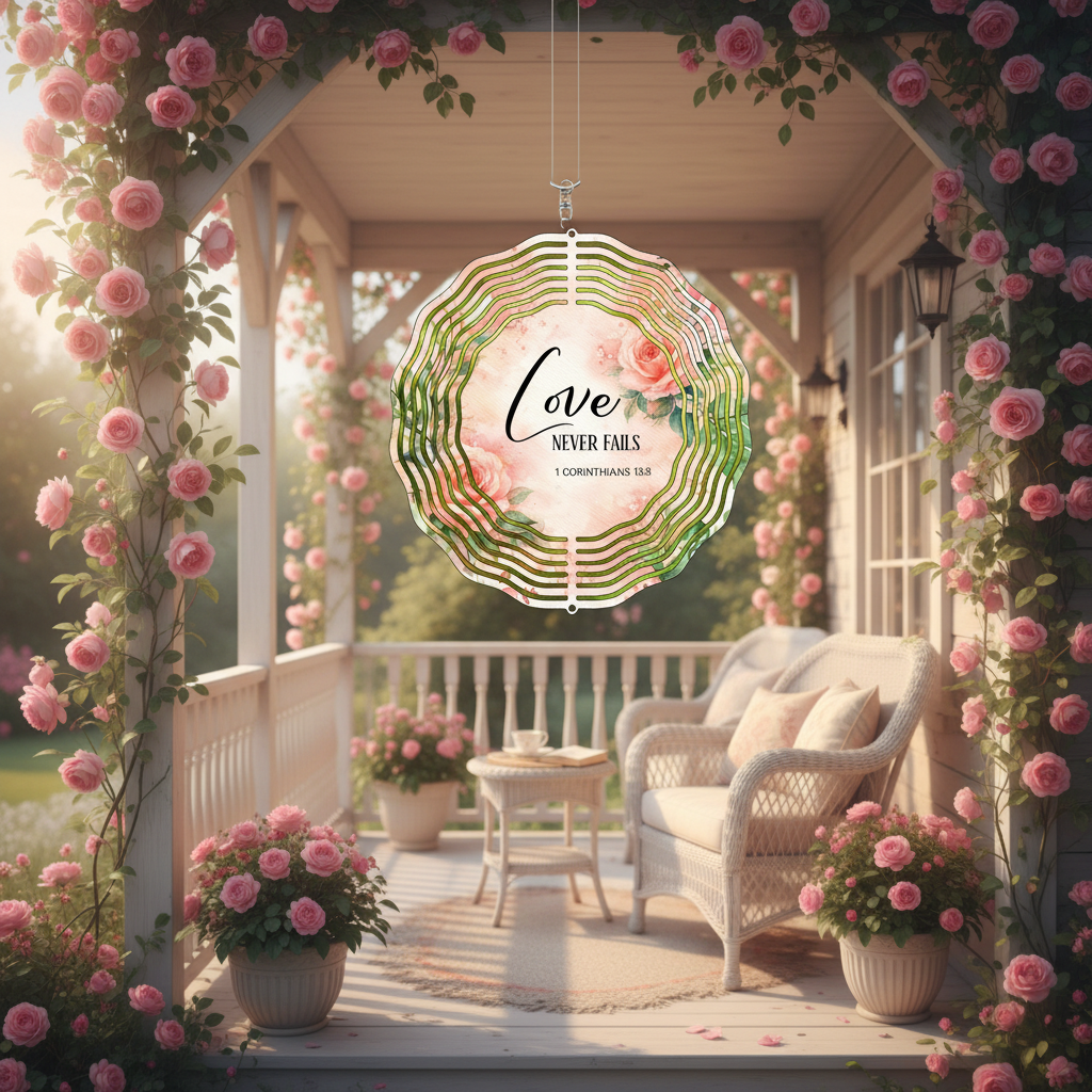Love Never Fails Wind Spinner | Elegant 1 Corinthians 13:8 Garden Decor