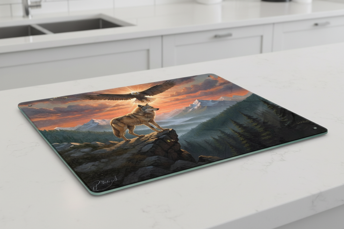Eagle and Wolf Glass Cutting Board – Nature's Majesty in Your Kitchen