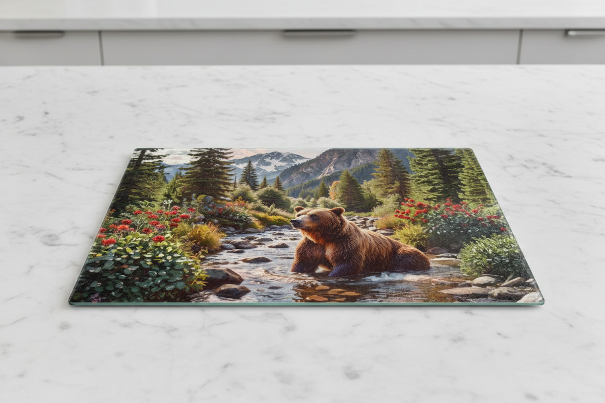 Mountain Grizzly Bear Glass Cutting Board – Experience Nature's Majesty in Your Kitchen