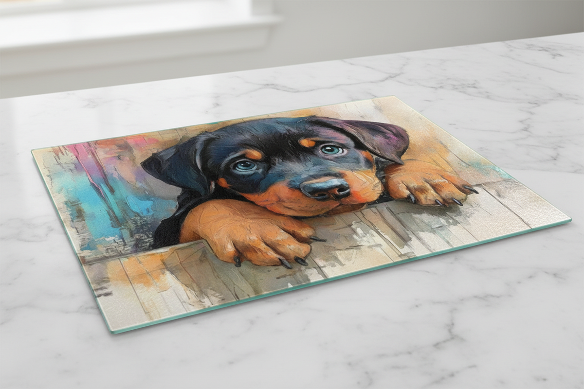 Charming Rottweiler Puppy Cutting Board – Perfect 8×11 Tempered Glass Design