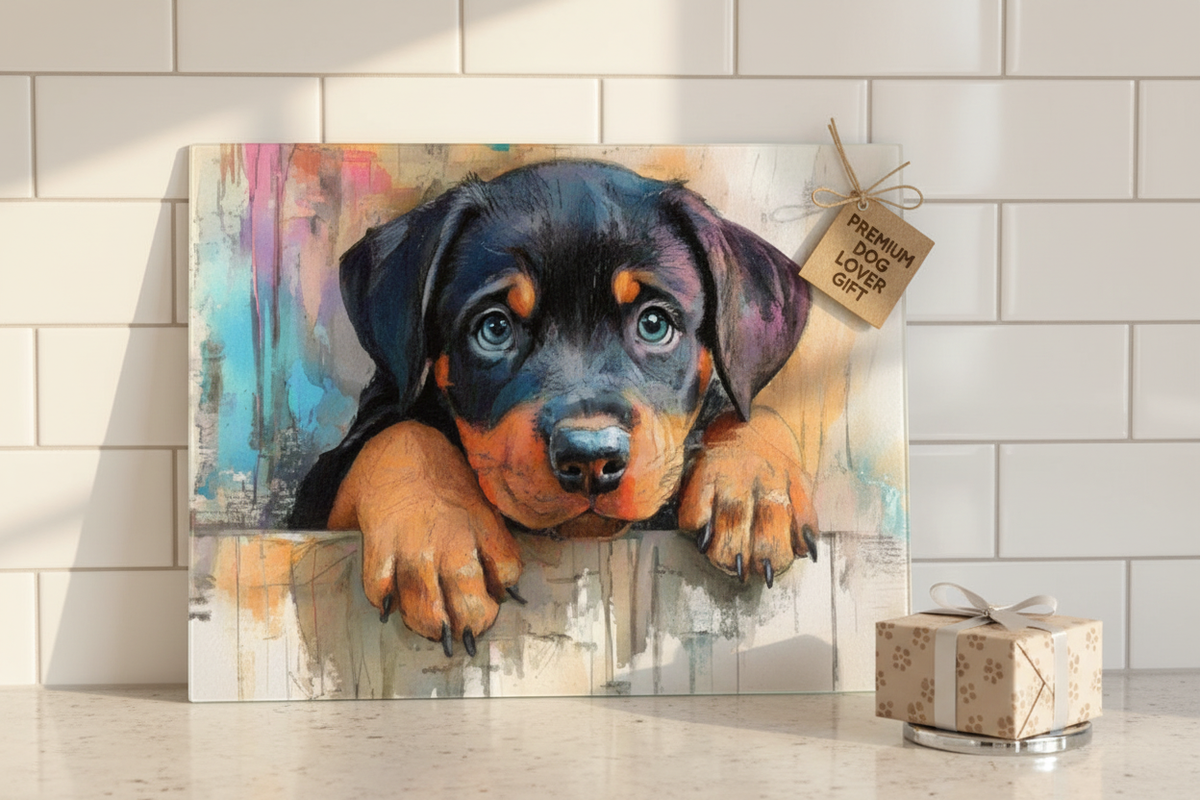 Charming Rottweiler Puppy Cutting Board – Perfect 8×11 Tempered Glass Design