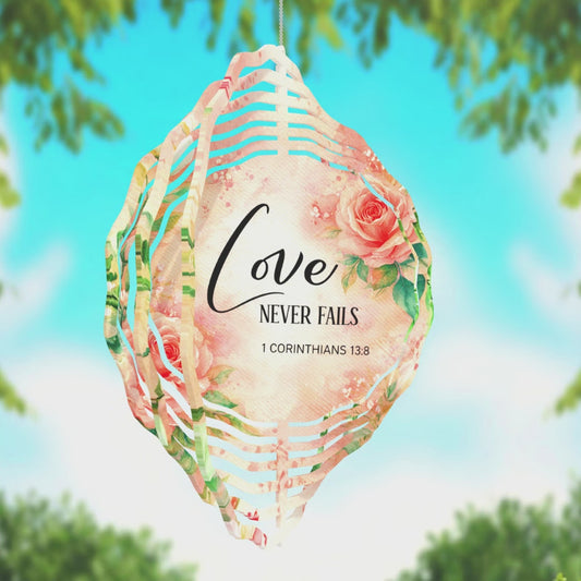 Love Never Fails Wind Spinner | Elegant 1 Corinthians 13:8 Garden Decor