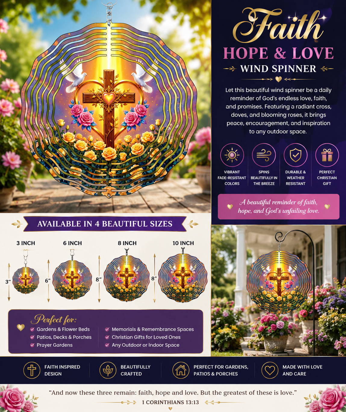 Beautiful Glowing Cross Heart Doves Wind Spinner | Faith-Inspired Garden Decor
