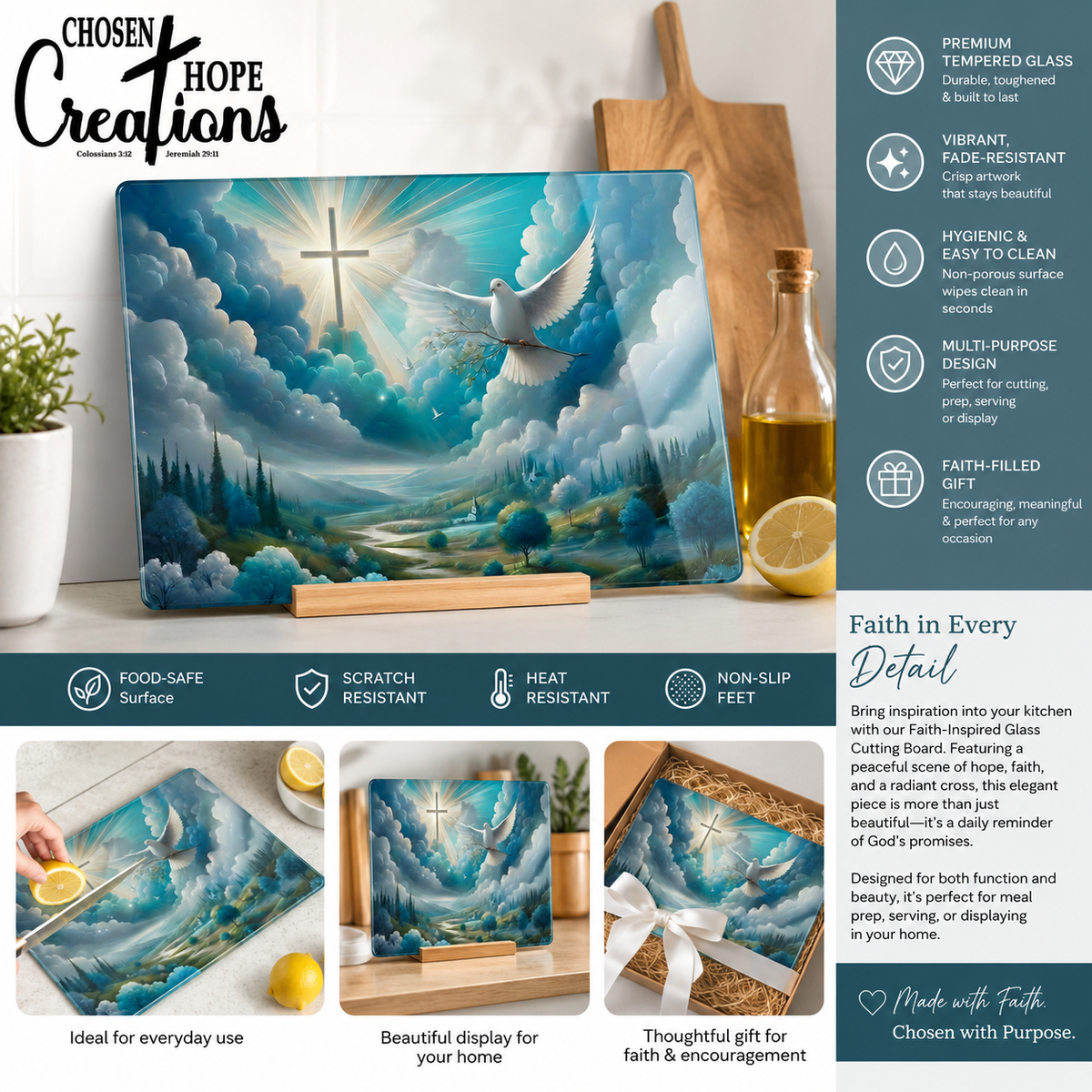 Faith Tempered Glass Cutting Board - Dove and Cross Design
