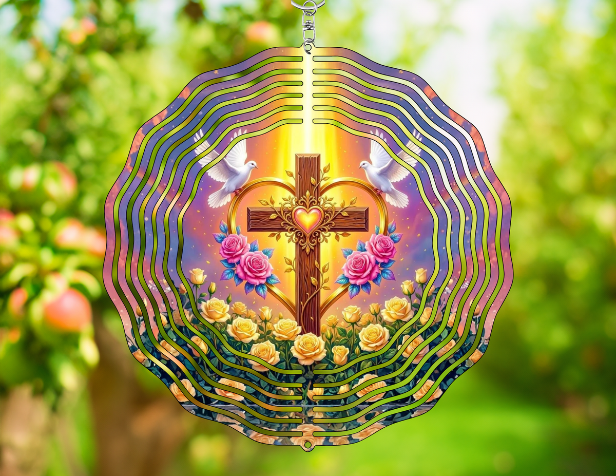 Beautiful Glowing Cross Heart Doves Wind Spinner | Faith-Inspired Garden Decor