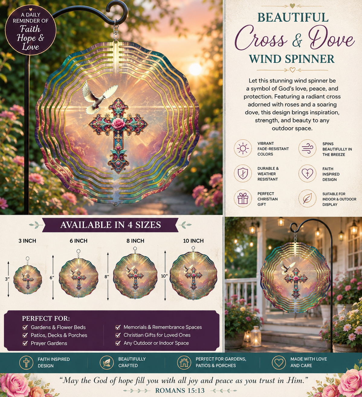 Jeweled Cross Dove Wind Spinner – A Beautiful Expression of Faith and Serenity