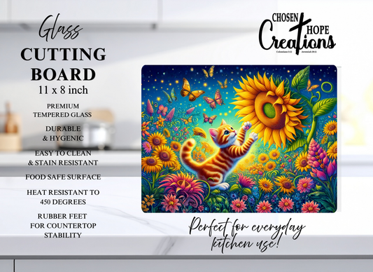 Kitten Sunflower Glass Cutting Board – A Whimsical Touch for Your Kitchen