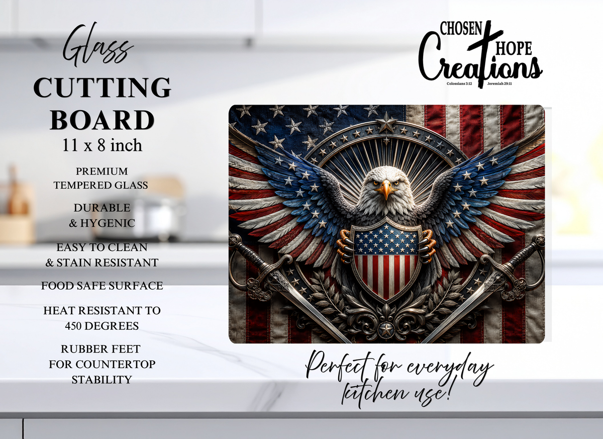 Patriotic Glass Cutting Board - American Eagle Shield Design