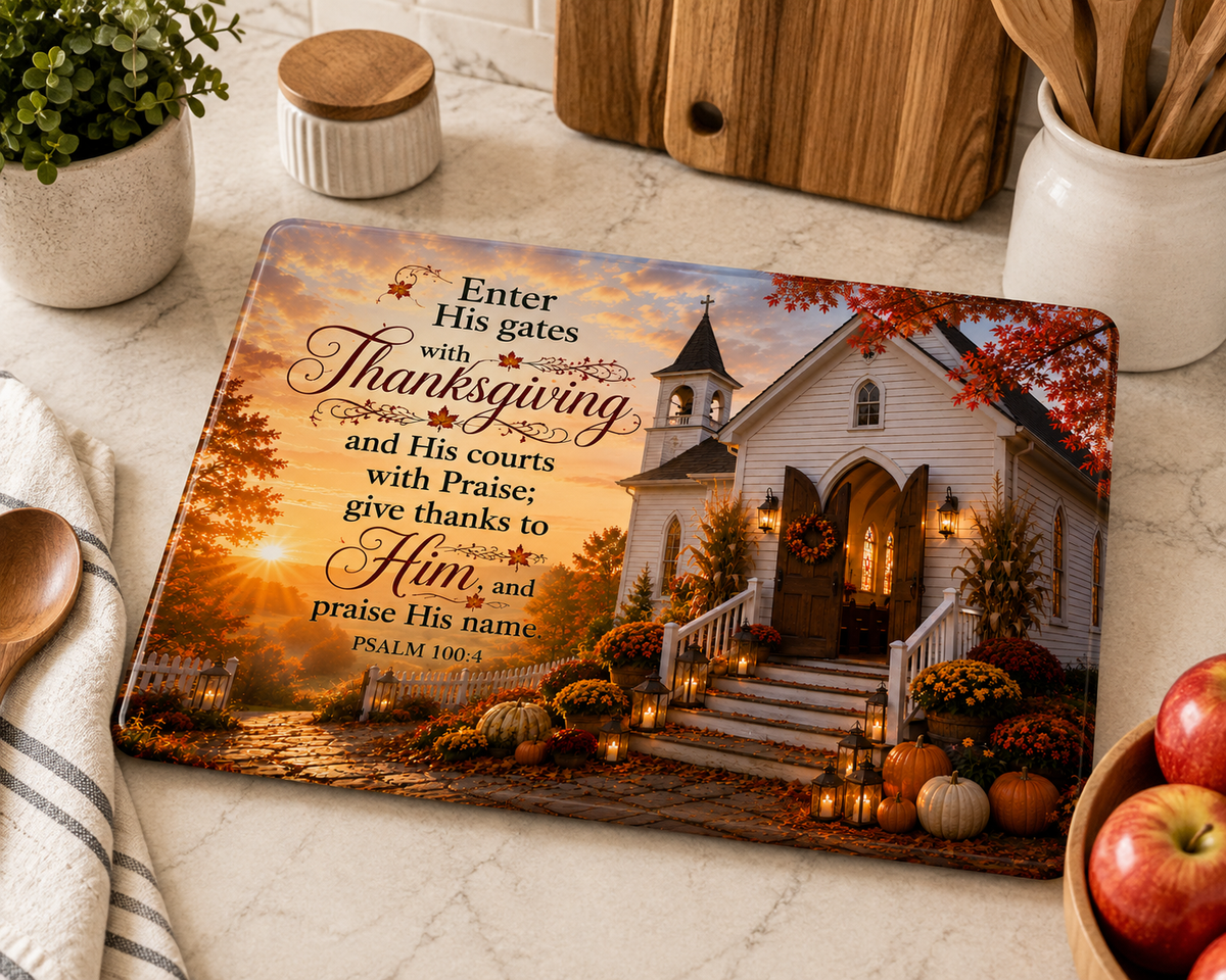 Psalm 100:4 Glass Cutting Board – Embrace Thanksgiving with Faith and Elegance