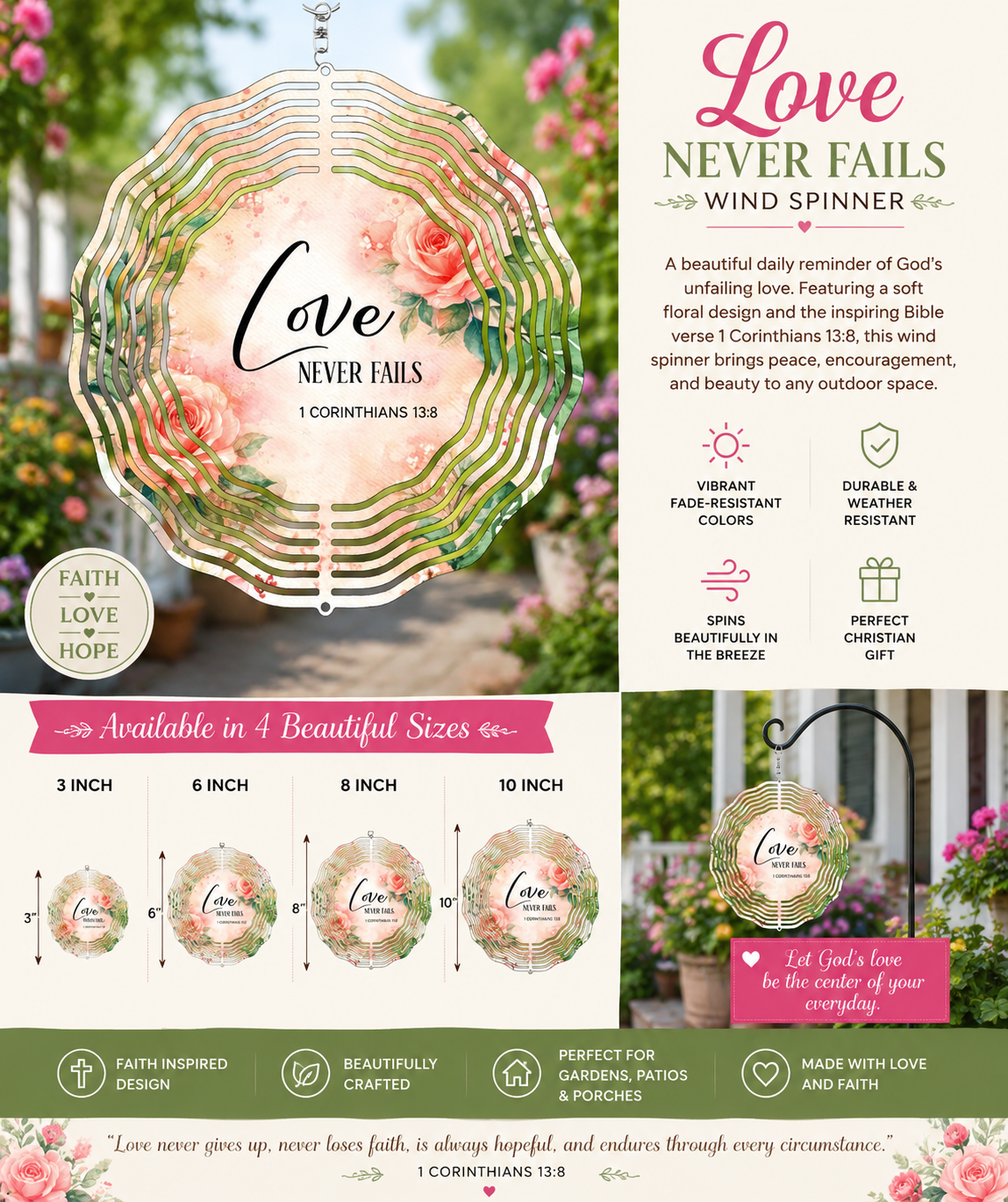 Love Never Fails Wind Spinner | Elegant 1 Corinthians 13:8 Garden Decor