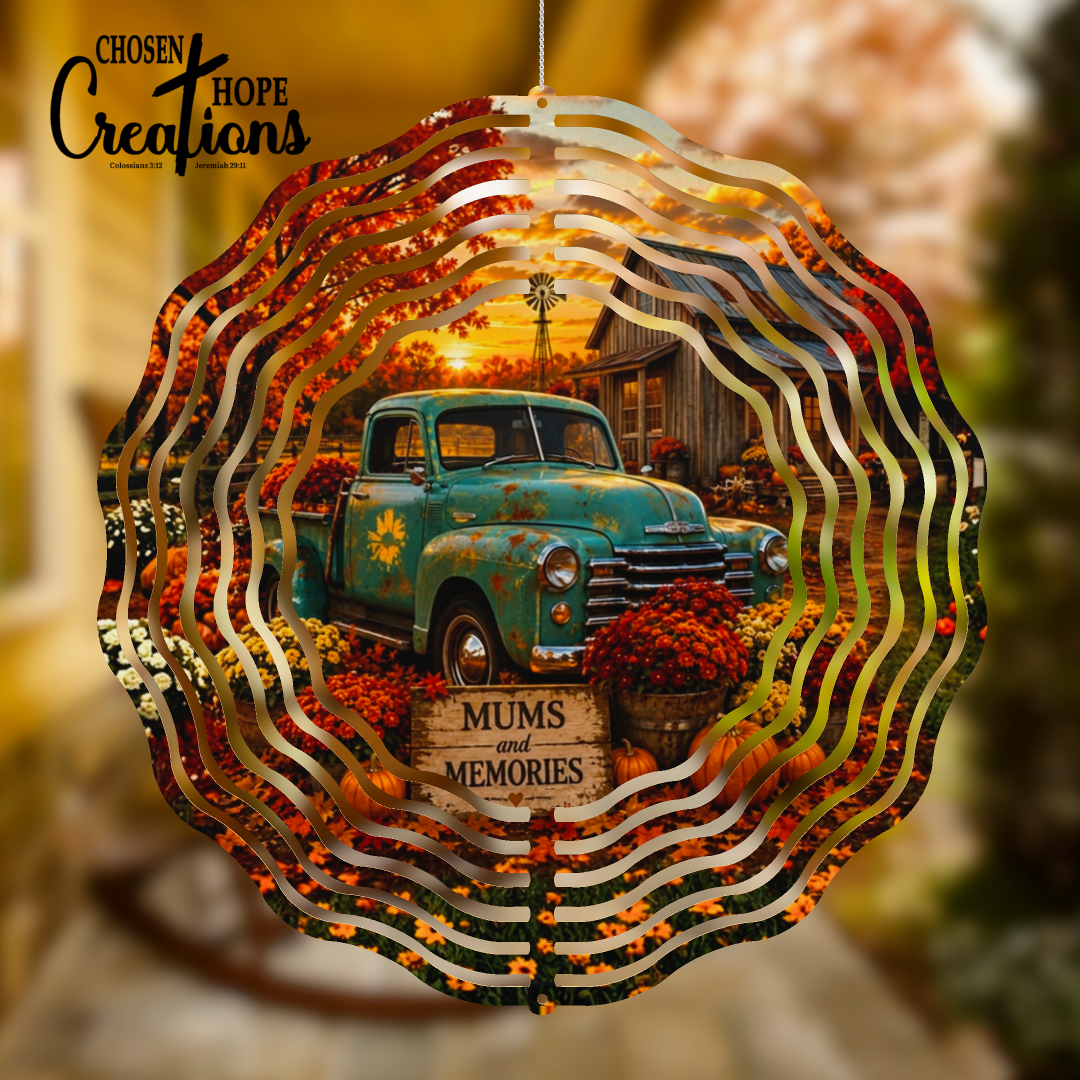 Enchanting Mums & Memories Wind Spinner – Celebrate Autumn with Rustic Charm